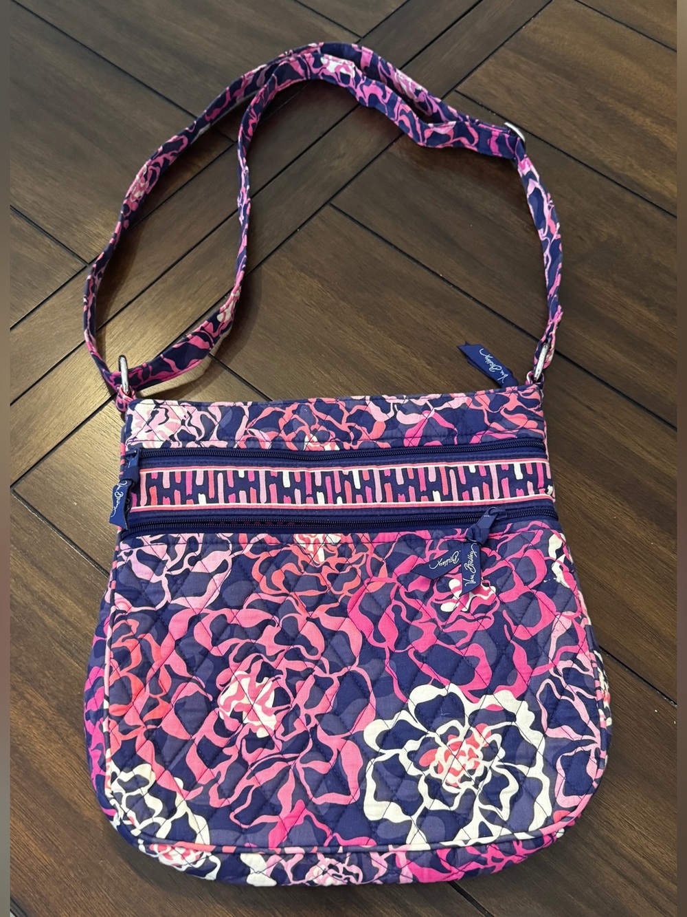 Vera Bradley Navy, Pink & White Quilted Floral Print Crossbody Bag with Zip Top